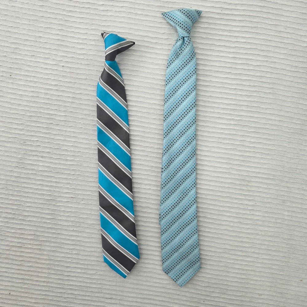 Boys Clip On Necktie Set of 2 Turquoise Grey Stripe Light Blue Dotted RN 29526